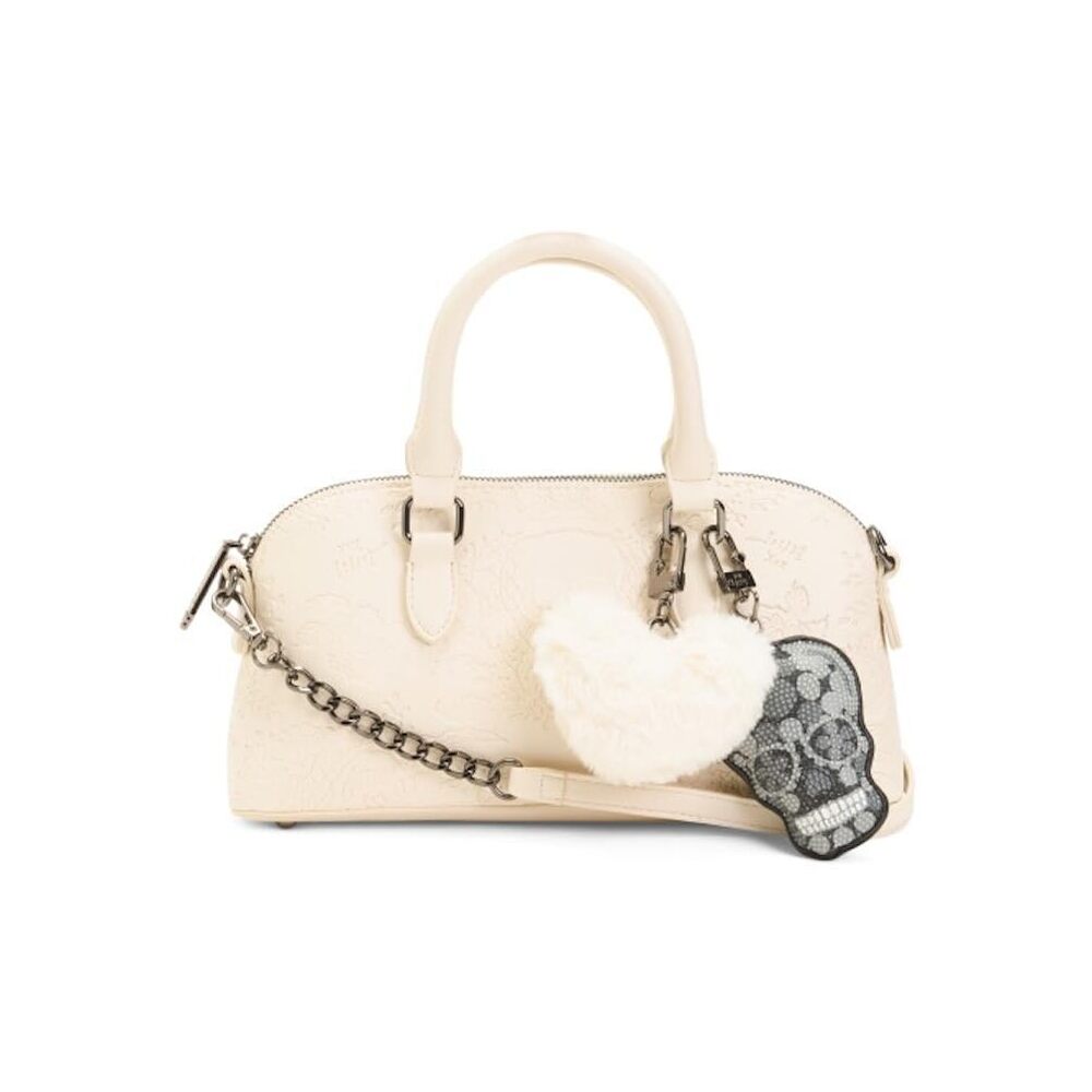 5547 East West Satchel with Skull and Heart Charms, Chalk, Dual Top